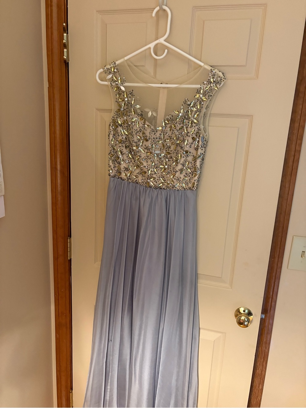 Beaded Silver-Chiffon Prom Dress in Light Gray
